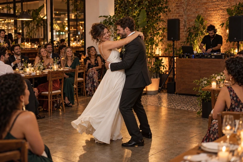 Casal dançando em um restaurante com convidados e uma estrutura compacta de DJ