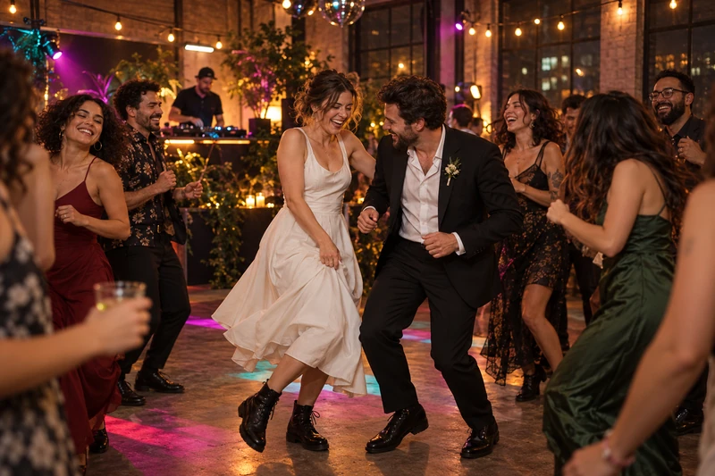 Casal e convidados dançando em uma pista de casamento com iluminação colorida
