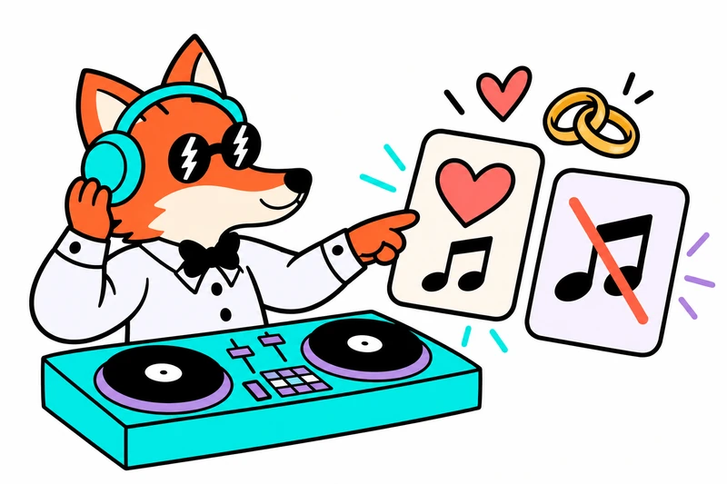 Raposa DJ organizando as músicas favoritas e as que não devem tocar no casamento